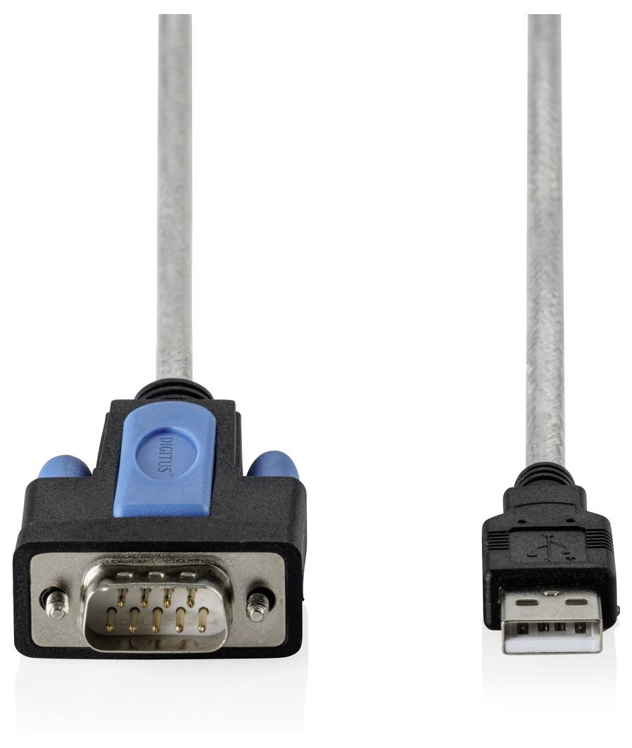 Zwei nebeneinander dargestellte Kabelstecker: ein DB9-Seriellstecker auf der linken Seite und ein USB-Stecker auf der rechten Seite.