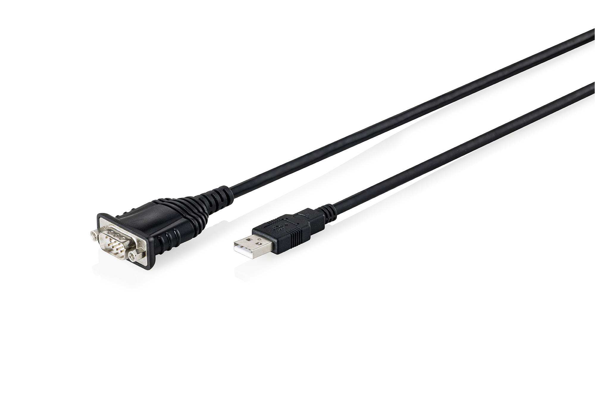 USB-zu-Seriell-Adapterkabel mit einem DB9-Stecker auf der einen Seite und einem USB-A-Stecker auf der anderen Seite.