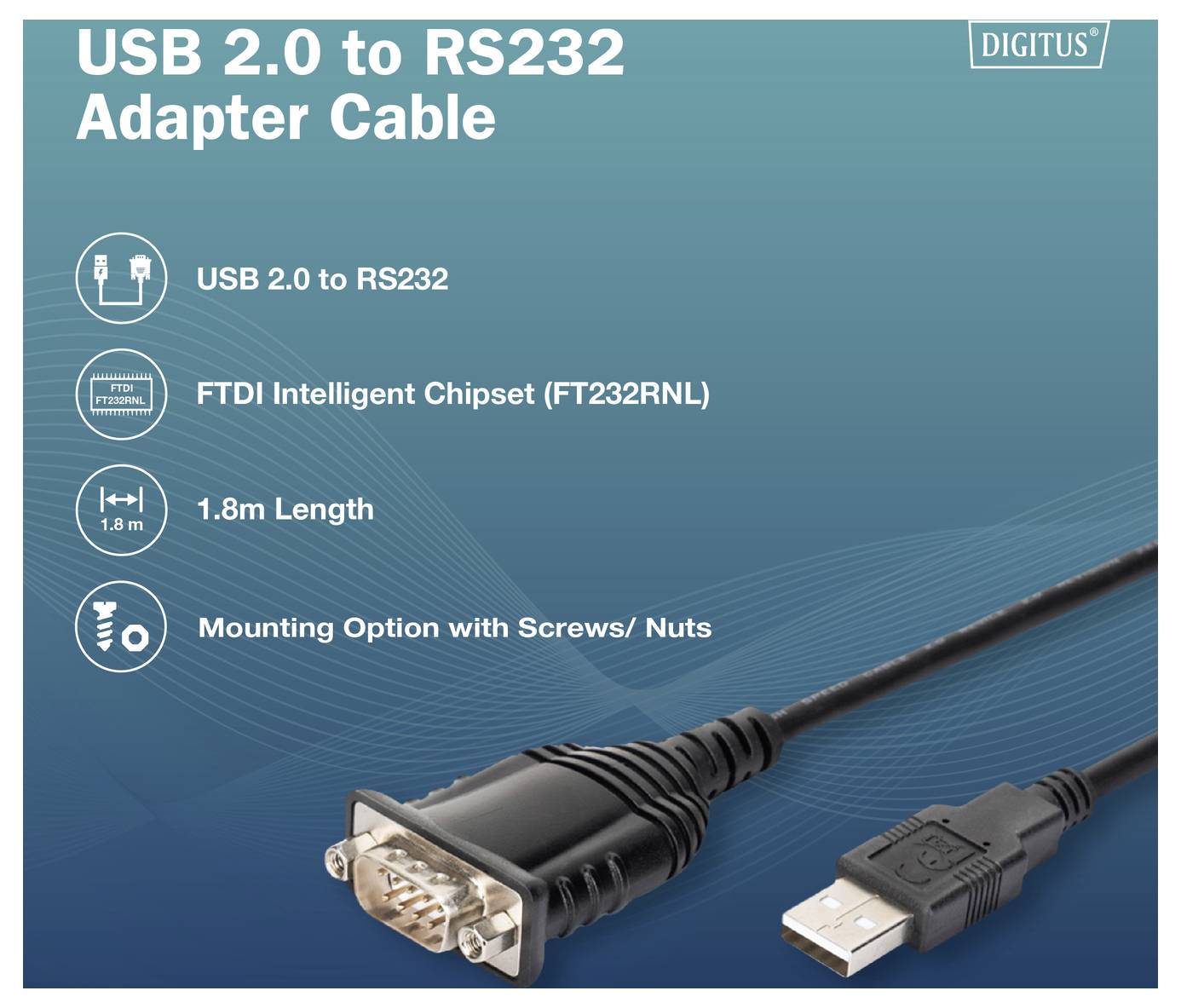 Digitus USB 2.0 zu RS232 Adapterkabel, 1,8 m, mit FTDI FT232RNL Chipset und Befestigungsoption mit Schrauben oder Muttern.