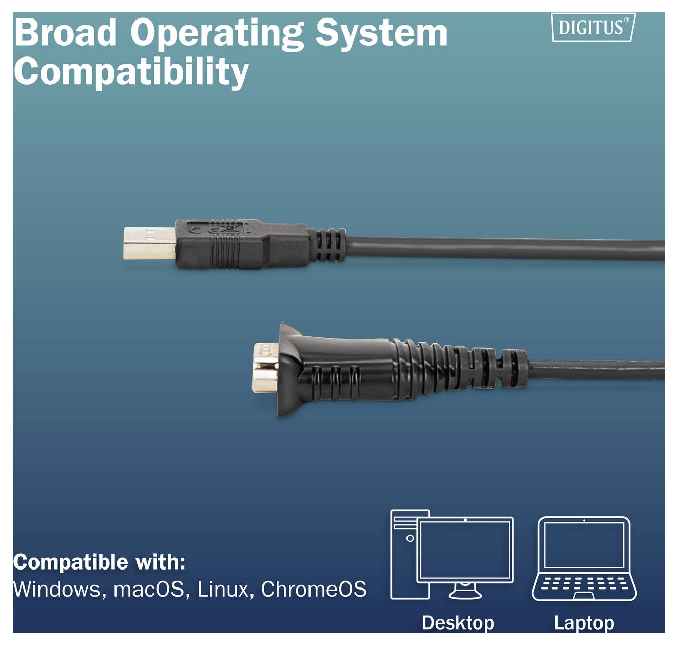 DIGITUS Promotion zeigt USB-Kabelkompatibilität mit Windows, macOS, Linux und ChromeOS, mit Desktop- und Laptop-Symbolen.