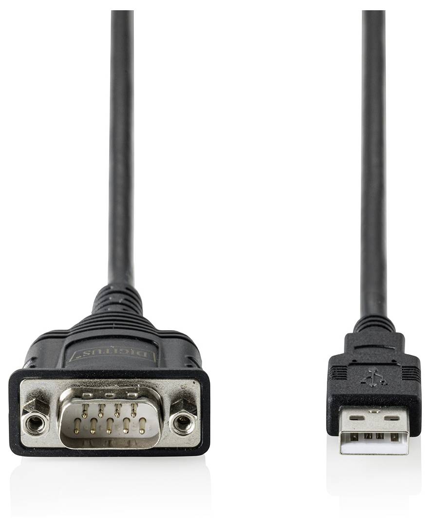 Zwei Steckerverbinder auf weißem Hintergrund: ein DB9-Seriellstecker auf der linken Seite und ein USB-A-Stecker auf der rechten Seite.
