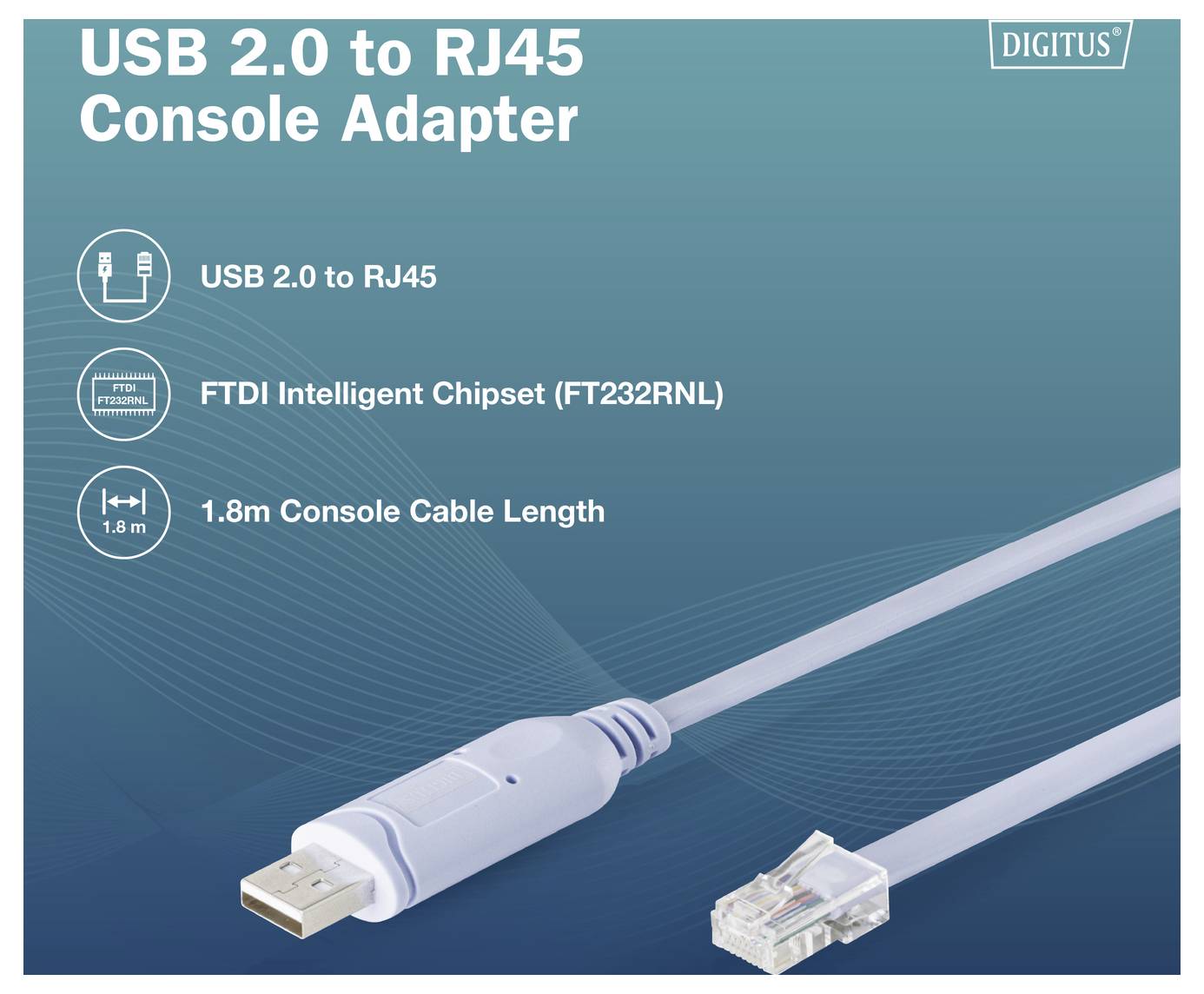 DIGITUS USB 2.0 zu RJ45 Konsolenadapter mit intelligentem FTDI-Chipset (FT232RNL) und 1,8 m Konsolenkabellänge mit USB- und RJ45-Anschlüssen.