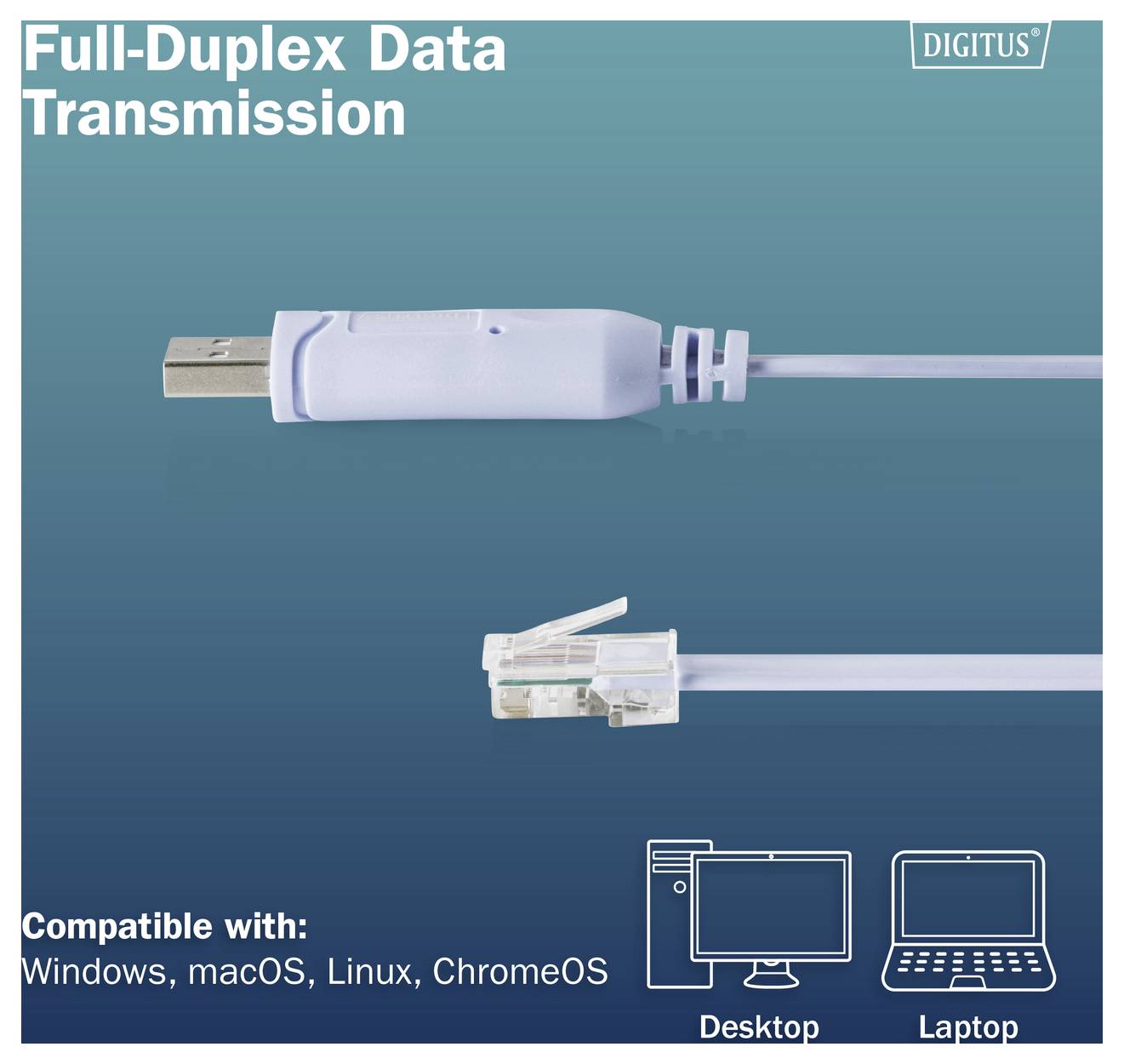 Produktgrafik zeigt einen USB-Adapter und einen Ethernet-Stecker mit der Bezeichnung „Full-Duplex-Datenübertragung