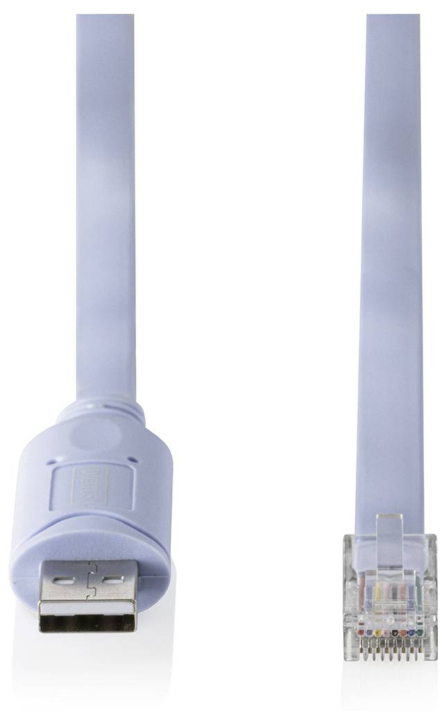 Blaues Ethernet-Kabel mit USB-Stecker an einem Ende und RJ45-Netzwerkstecker am anderen Ende, gezeigt auf weißem Hintergrund.