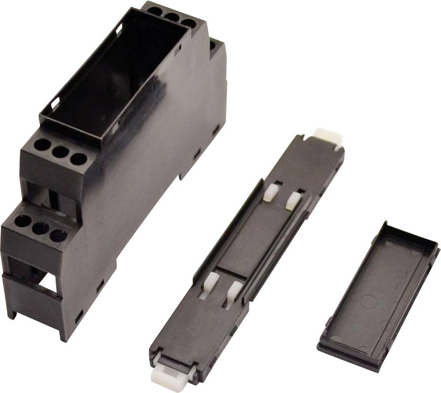 Dreiteiliges schwarzes elektrisches Relaismodul: Hauptgehäuse, einsteckbare Mittelkomponente und abnehmbarer Deckel auf weißem Hintergrund.