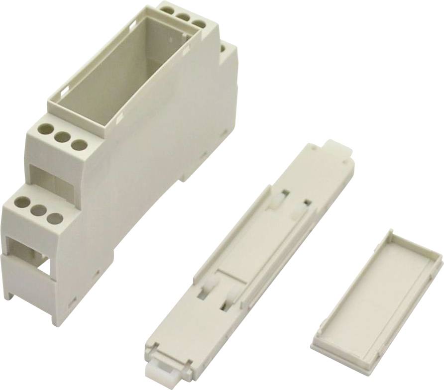 Kunststoff-Elektrokasten mit abnehmbarem Deckel und Schiene im Inneren, dargestellt in drei Teilen auf weißem Hintergrund.