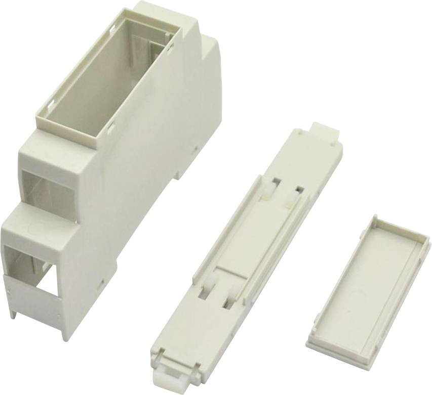 Weiße Kunststoff-Elektroverbindungsgehäuse mit passenden Einsatz- und Abdeckungsteilen auf neutralem Hintergrund dargestellt.