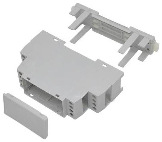 Explosionszeichnung eines grauen Kunststoff-Elektroschaltkastens mit abnehmbarem Frontdeckel und internen Befestigungsklammerstücken.