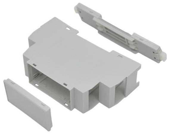 Drei graue Kunststoff-Elektrosteckerkomponenten werden gezeigt: ein zentrales Gehäuse mit zwei Seitenelementen und einem oberen Verriegelungsteil auf weißem Hintergrund.
