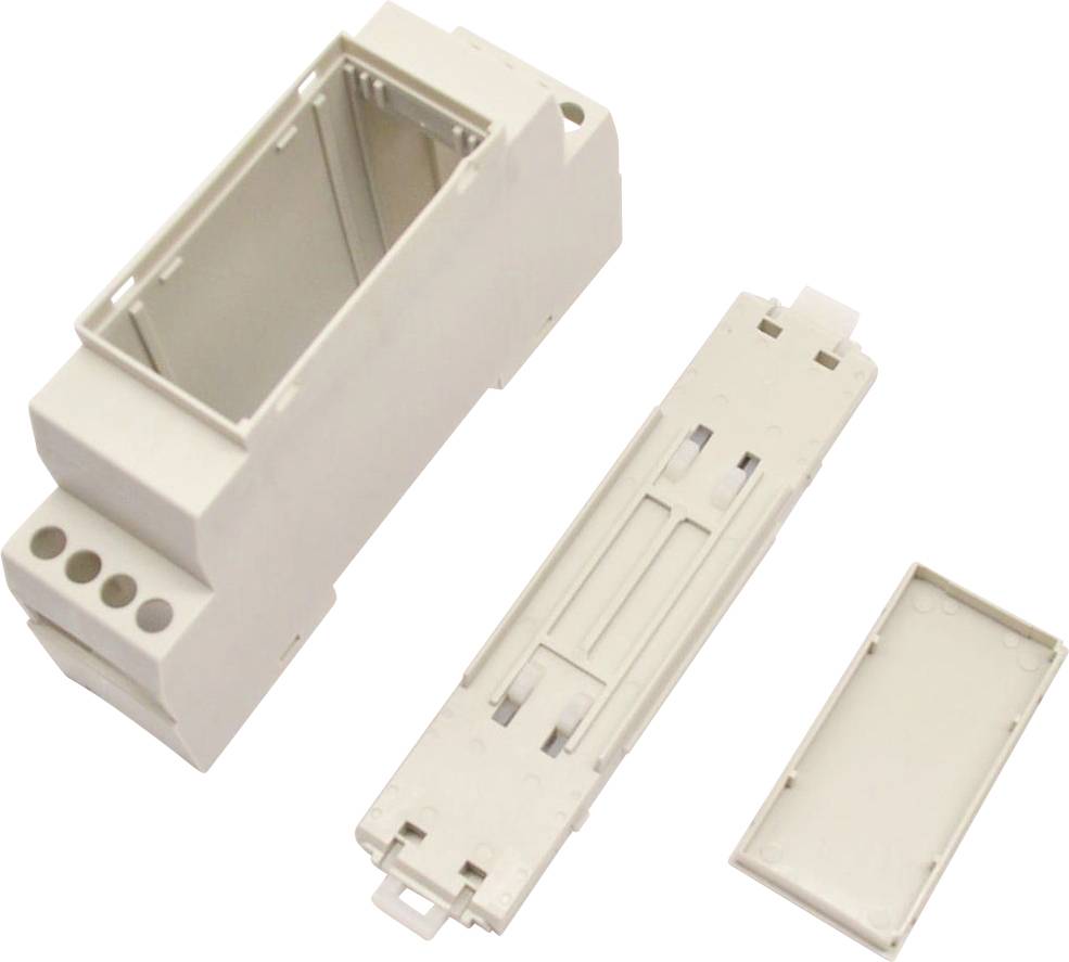 Weißes Kunststoff-Elektrogehäuse, gezeigt in drei Teilen: Hauptgehäuse, interner Einsatz und Abdeckung.