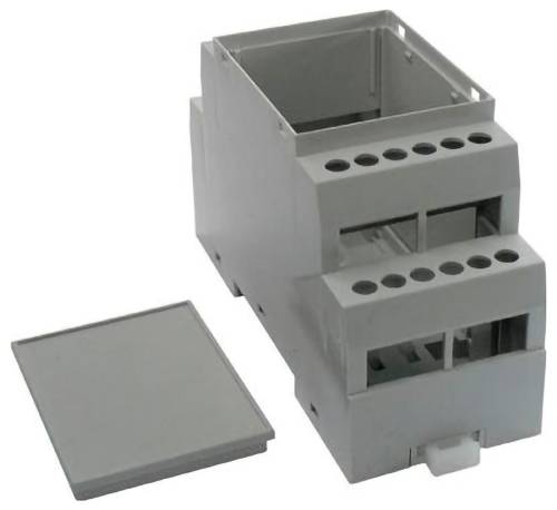 Graues elektrisches Schaltgehäuse mit abnehmbarem Deckel, geöffnet, um den inneren Montagebereich und die vorderen Kabelöffnungen zu zeigen.