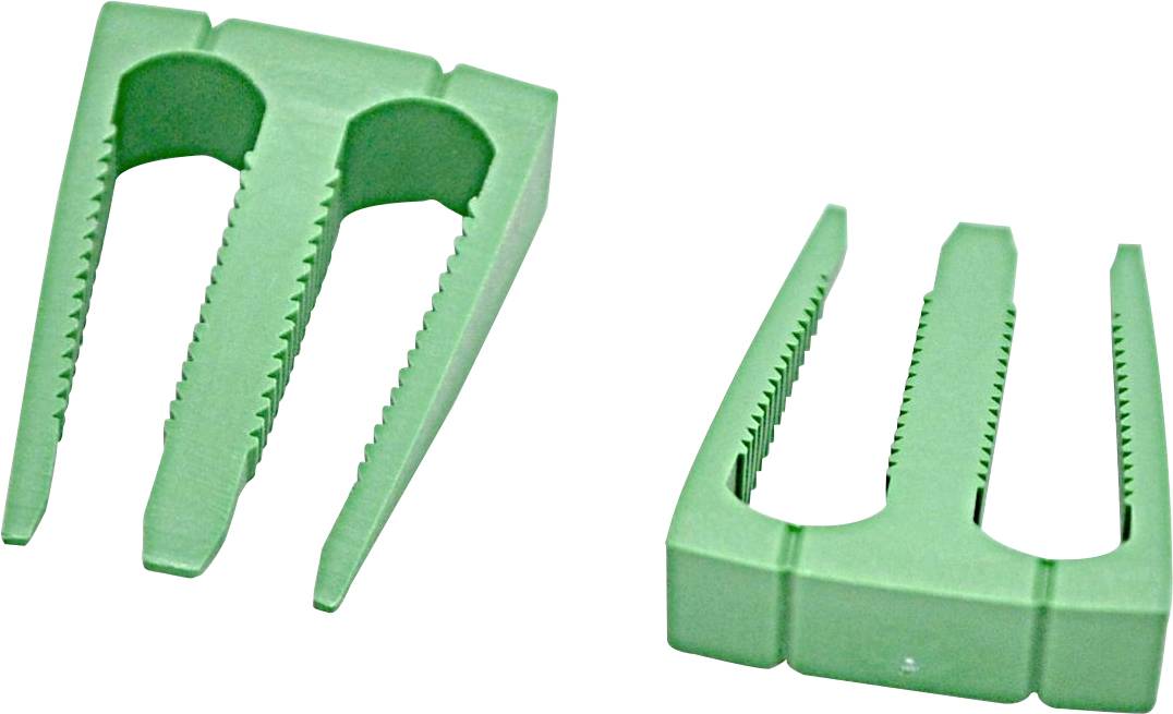 Grüne Kunststoff-Gabelclips oder Befestigungselemente aus zwei Winkeln auf weißem Hintergrund dargestellt.