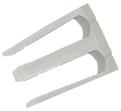Zwei weiße Kunststoff-U-förmige Clips oder Abstandshalter diagonal übereinander gestapelt auf einem einfachen, hellen Hintergrund.