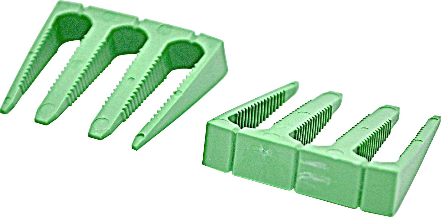 Zwei grüne Kunststoffhaarspangen nebeneinander dargestellt, eine geschlossen und eine offen, mit ineinandergreifenden kammzahnartigen Zähnen.