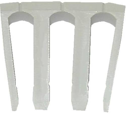 Drei graue Kunststoff-Abstandshalterclips in U-Form mit gewölbten Öffnungen, nebeneinander auf weißem Hintergrund angezeigt.