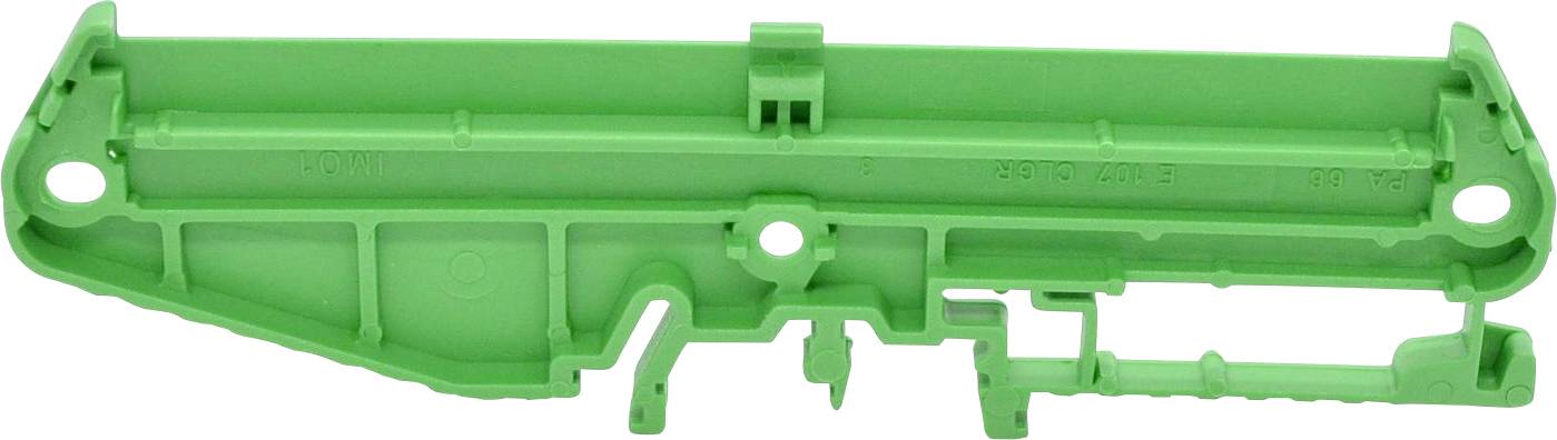 Grünes Kunststoffwerkzeuggehäuse oder -abdeckung in Seitenansicht auf weißem Hintergrund.