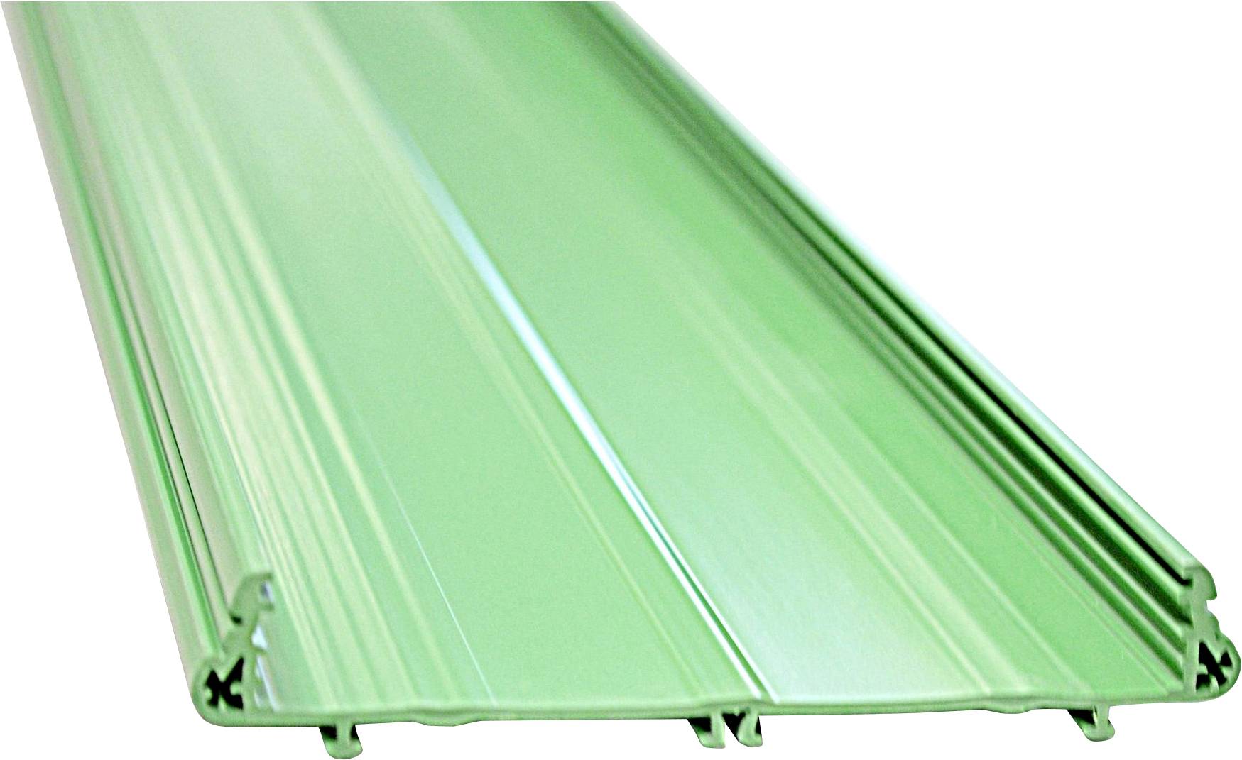 Nahaufnahme eines durchscheinenden grünen Kunststoffdach- oder Paneelbleches mit gerippten Kanten und ineinandergreifenden Nuten.