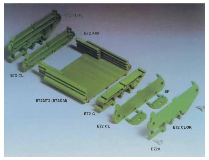 Explodierte Ansicht einer grünen mechanischen Baugruppe mit beschrifteten Teilen: E72 CL, E72 A68, E72MT2, E72 G, EF, E72V und E72 CLGR.