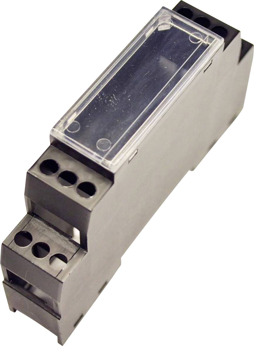DIN-Schienen-montiertes elektrisches Relais oder Schaltmodul mit transparenter Kunststoffabdeckung oben und Schraubklemmen an beiden Enden.