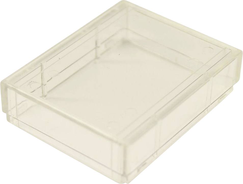 Durchsichtiger rechteckiger Kunststoff-Lagerbehälter mit offener Oberseite und flachem Inneren, gezeigt auf einfachem weißem Hintergrund.