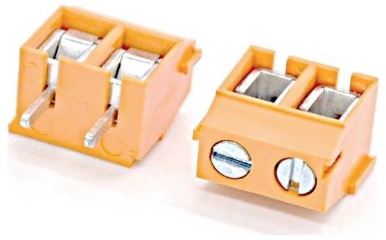 Zwei orangefarbene zweipolige elektrische Anschlussblöcke/Steckverbinder auf weißem Hintergrund dargestellt, einer von vorne und einer von der Seite betrachtet.