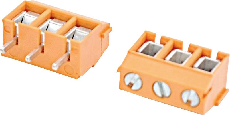 Zwei orangefarbene Elektroklemmen mit je drei Metallschraubklemmen, dargestellt auf weißem Hintergrund.