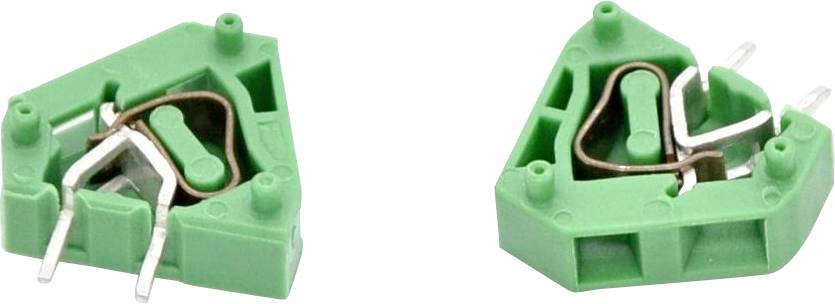 Zwei Ansichten eines kleinen grünen elektronischen Komponentengehäuses mit Metallkontakten im Inneren, von links und rechts dargestellt.