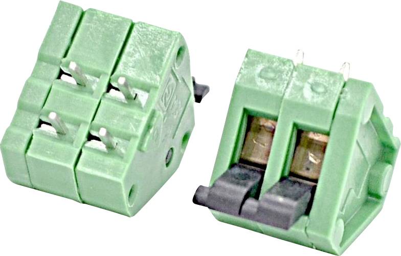 Zwei grüne elektrische Schraubklemmenblöcke, einer im Winkel angeordnet, um die Drahteinführungsschlitze zu zeigen, und der andere zeigt zwei Metallkontakte und schwarze Hebel.