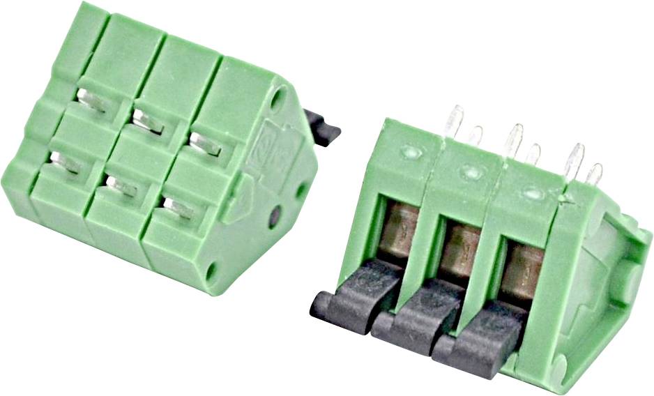 Grüner dreipoliger elektrischer Anschlussblock mit Schraubklemmen und Steckkontakten, von zwei Blickwinkeln dargestellt.