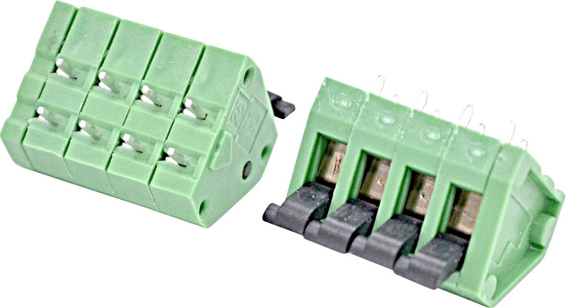 Zwei grüne elektrische Klemmleisten mit je drei Schraubklemmen-Steckverbindern, von verschiedenen Blickwinkeln auf weißem Hintergrund gezeigt.