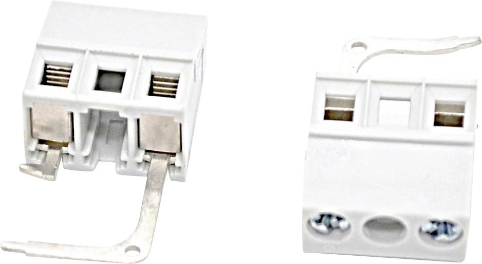 Zwei Nahaufnahmen eines weißen Elektrosteckers mit Metallkontakten und Befestigungslaschen auf einem neutralen Hintergrund.