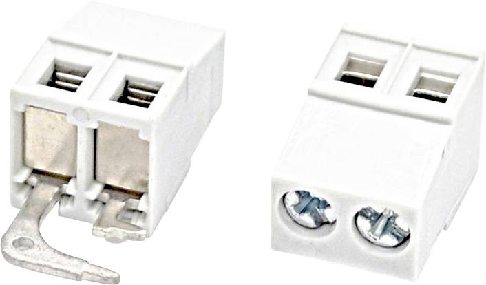 Weißer zweipoliger elektrischer Schraubklemmblock mit Metallklemmkontakten, dargestellt aus zwei Blickwinkeln auf neutralem Hintergrund