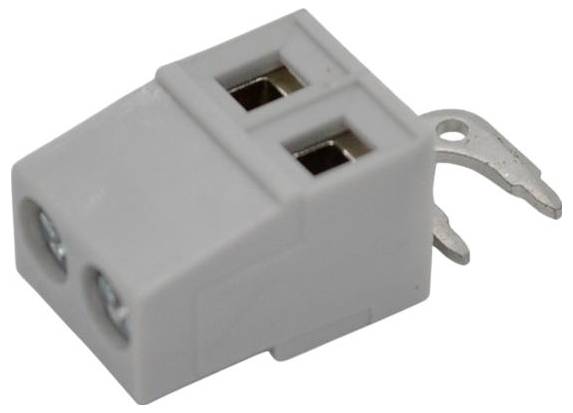 Zweipoliger grauer elektrischer Klemmleistenverbinder mit zwei Drahtöffnungen und metallischen Befestigungszacken.