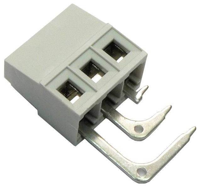Grauer dreipoliger Elektroklemmenblock mit Metall-Schraubklemm-Kontakten und Befestigungslaschen, dargestellt auf weißem Hintergrund.