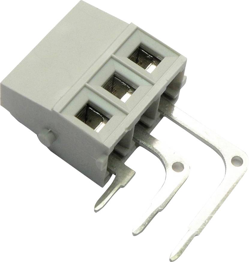 Nahaufnahme eines grauen dreipoligen Steckerblocks mit Metallkontakten.