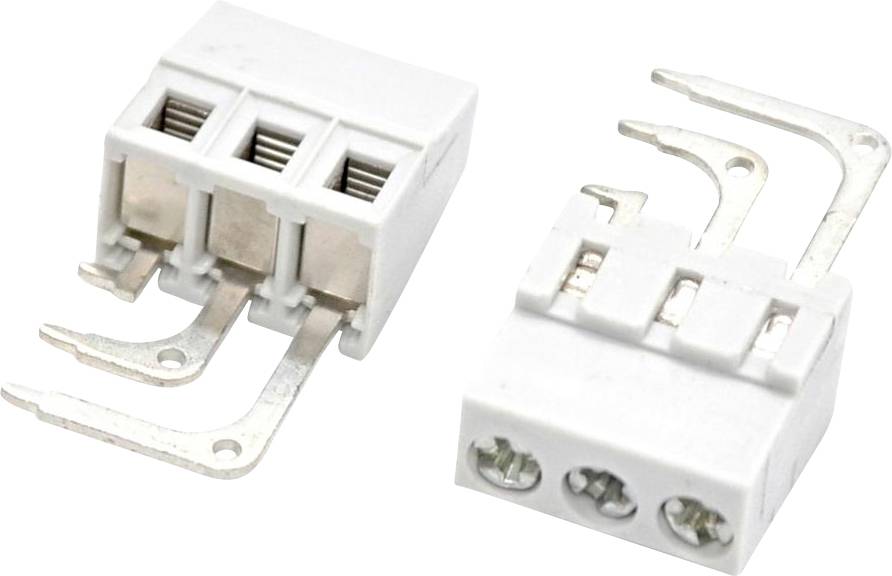 Zwei weiße elektrische Anschlussklemmen mit Metallschraubanschlüssen, von zwei Winkeln auf weißem Hintergrund gezeigt.