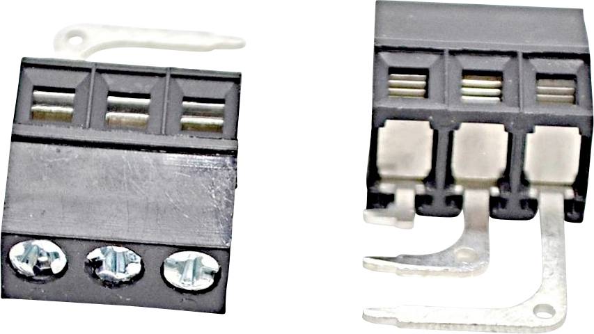 Nebeneinander angeordnete Fotos von zwei schwarzen elektrischen Anschlussklemmblöcken, einer mit Schraubklemmen und einer mit Metallstiften.