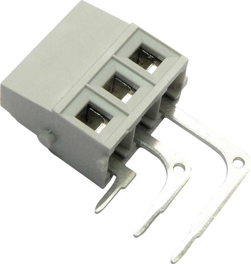 Graues dreipoliges Elektroklemmenleistenblock mit drei Metallstiften für Verdrahtungsverbindungen.