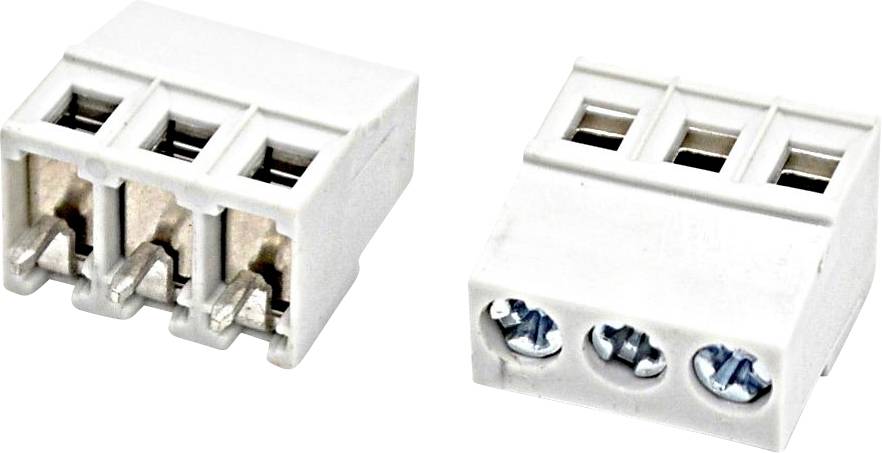 Weißer 3-poliger elektrischer Drahtverbindungsblock mit Metallklemmen, von zwei Blickwinkeln auf neutralem Hintergrund dargestellt.