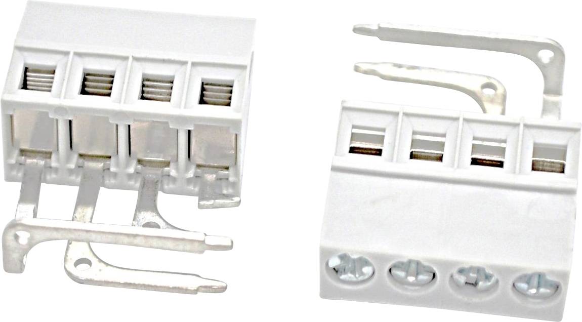 Zwei weiße elektrische Drahtverbindungsblöcke mit Metallfedern-Klemmklemmen und Befestigungslaschen auf weißem Hintergrund gezeigt.