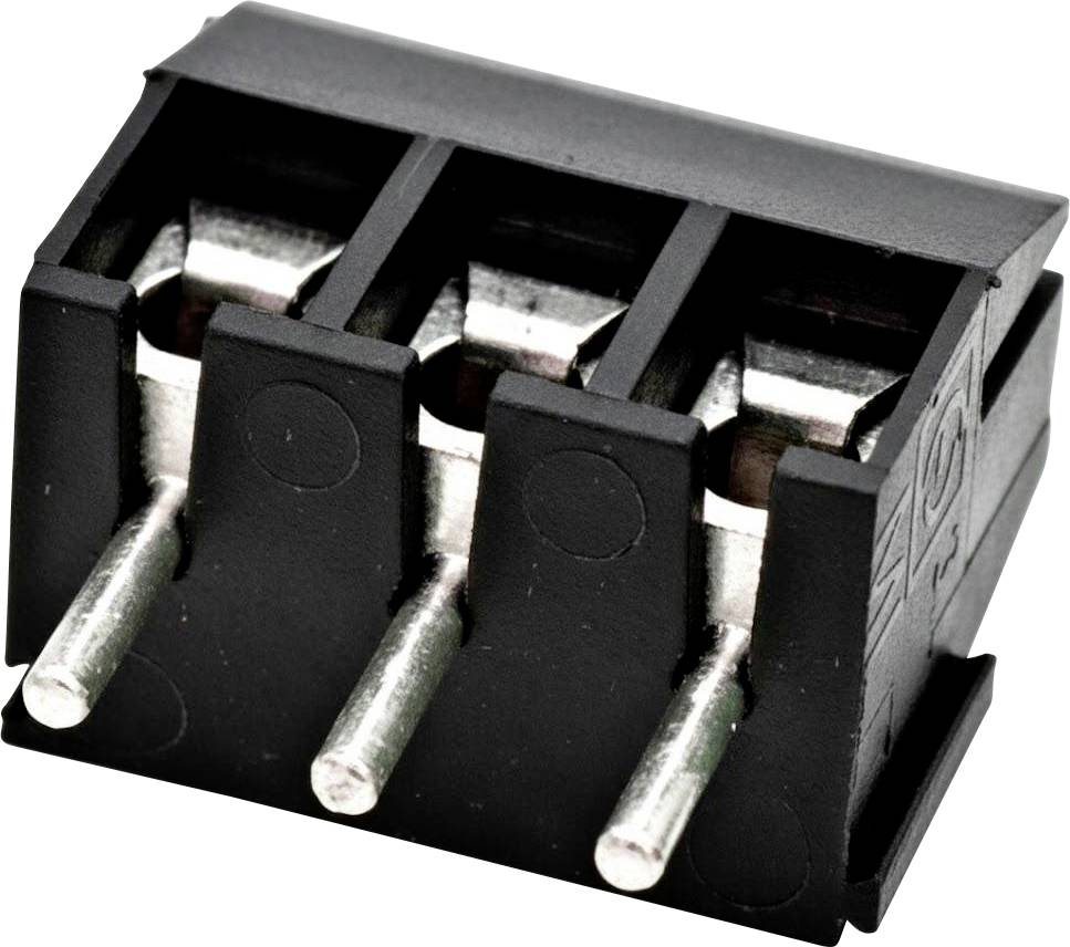 Dreipoliger schwarzer Steckverbinder mit Metallkontakten, in Nahaufnahme auf weißem Hintergrund dargestellt.