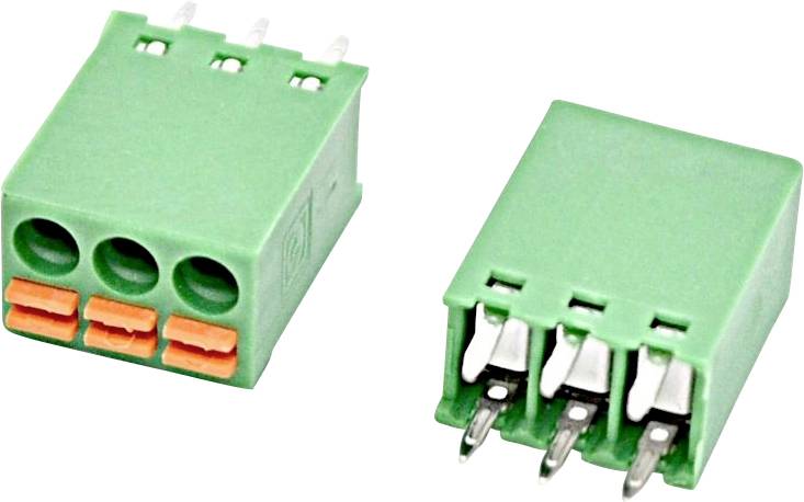 Zwei grüne 3-polige PCB-Klemmblöcke, eine Vorderansicht mit Anschlussöffnungen und eine Rückansicht mit Metallstiften.