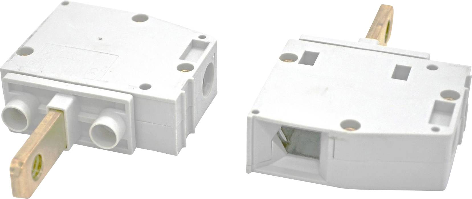 Zwei Ansichten eines kleinen weißen Gehäuses für einen elektrischen Schalter mit einem vorragenden Metallhebel/Anschluss.