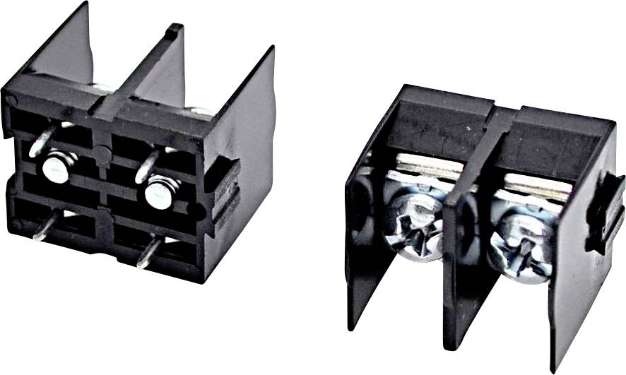 Zwei schwarze Schraubklemmenblöcke mit Metallklemmen, von vorne und von der Seite auf weißem Hintergrund gezeigt.
