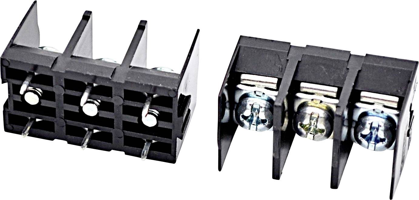 Schwarzes dreifaches Schraubklemmblock-Steckverbindungsystem, shown aus zwei Blickwinkeln, mit Metallschraubkontakten zum Verdrahten.
