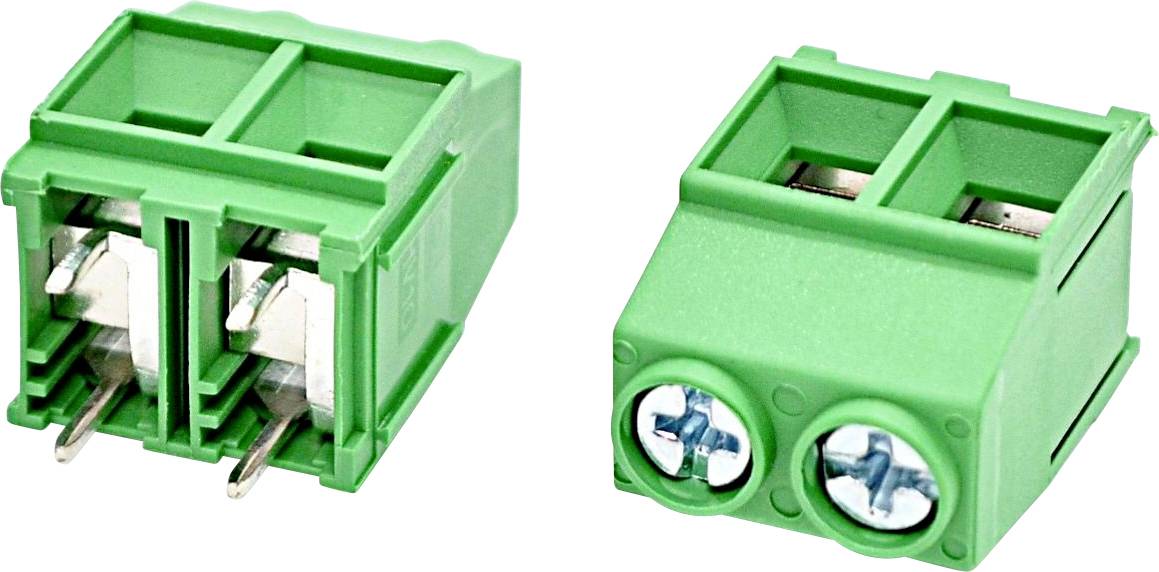 Zwei grüne zweipolige elektrische Anschlussklemmen/Stecker von vorne und in perspektivischer Ansicht dargestellt.