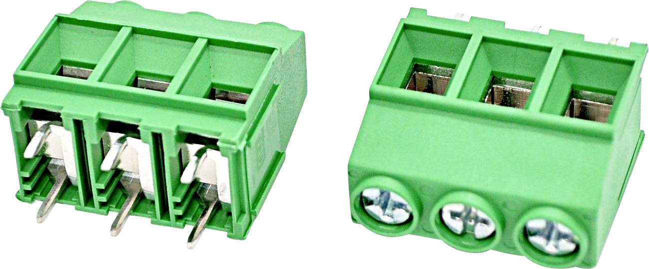 Grüne dreipolige Schraubklemmenblöcke in zwei Ansichten, mit Metallschraubanschlüssen und Stiftleitern.