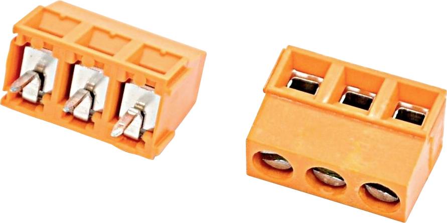 Orange dreipoliger elektrischer Schraubklemmen-Anschlussblock auf weißem Hintergrund.