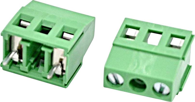 Zwei grüne dreipolige Schraubklemmsteckverbinder, von vorne und hinten auf weißem Hintergrund dargestellt.
