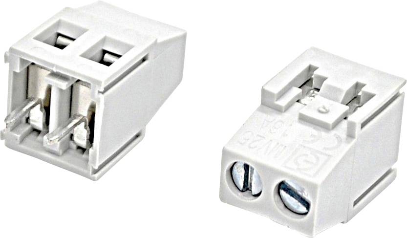 Zwei Ansichten eines weißen zweipoligen Elektrosteckverbinders mit Schraubklemmen und freigelegten Metallkontakten.